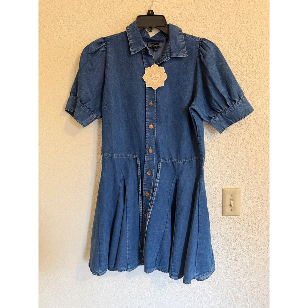 Indulge Instyle Womens Blue Denim‎ Puff Sleeve Button Front Pleated Mini Dress M